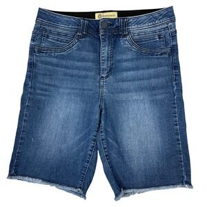 Democracy Bermuda Jean Shorts Sz 10 Ab Technology High Rise Raw Hem Fringe Denim